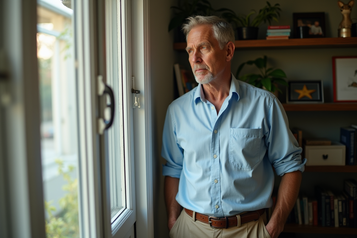 Homme contemplant la vue dans son appartement lumineux