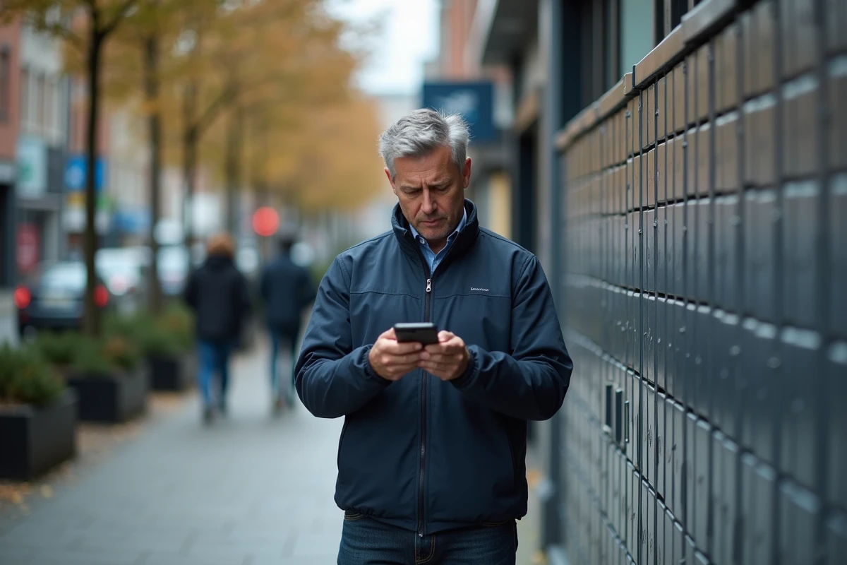 Homme consultant le service client Vinted Go sur son smartphone devant des consignes colis en ville