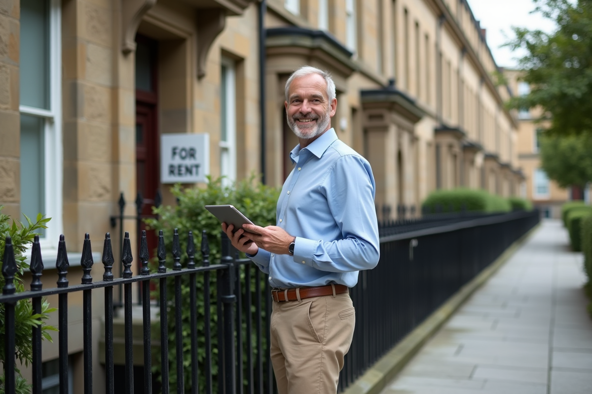 Homme souriant devant une maison à louer avec tablette