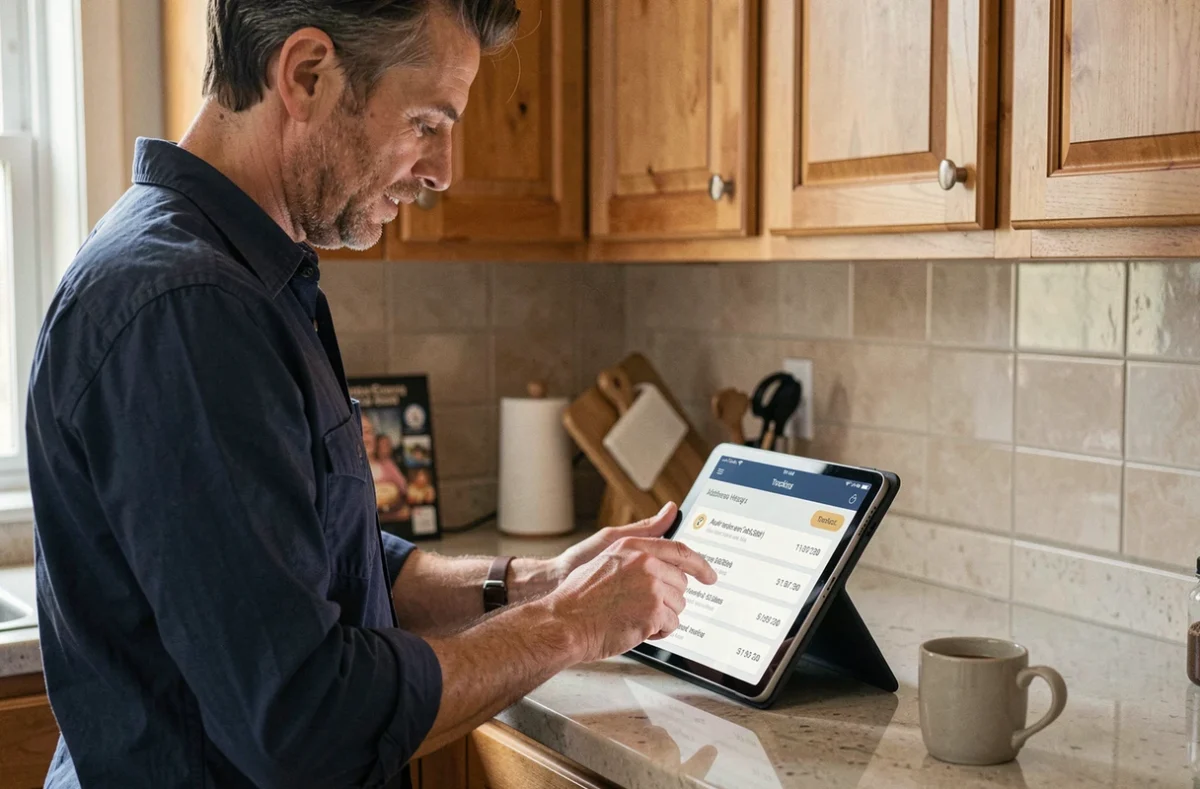 Homme utilisant une tablette dans une cuisine pour suivre les changements d'adresse sur une interface numérique