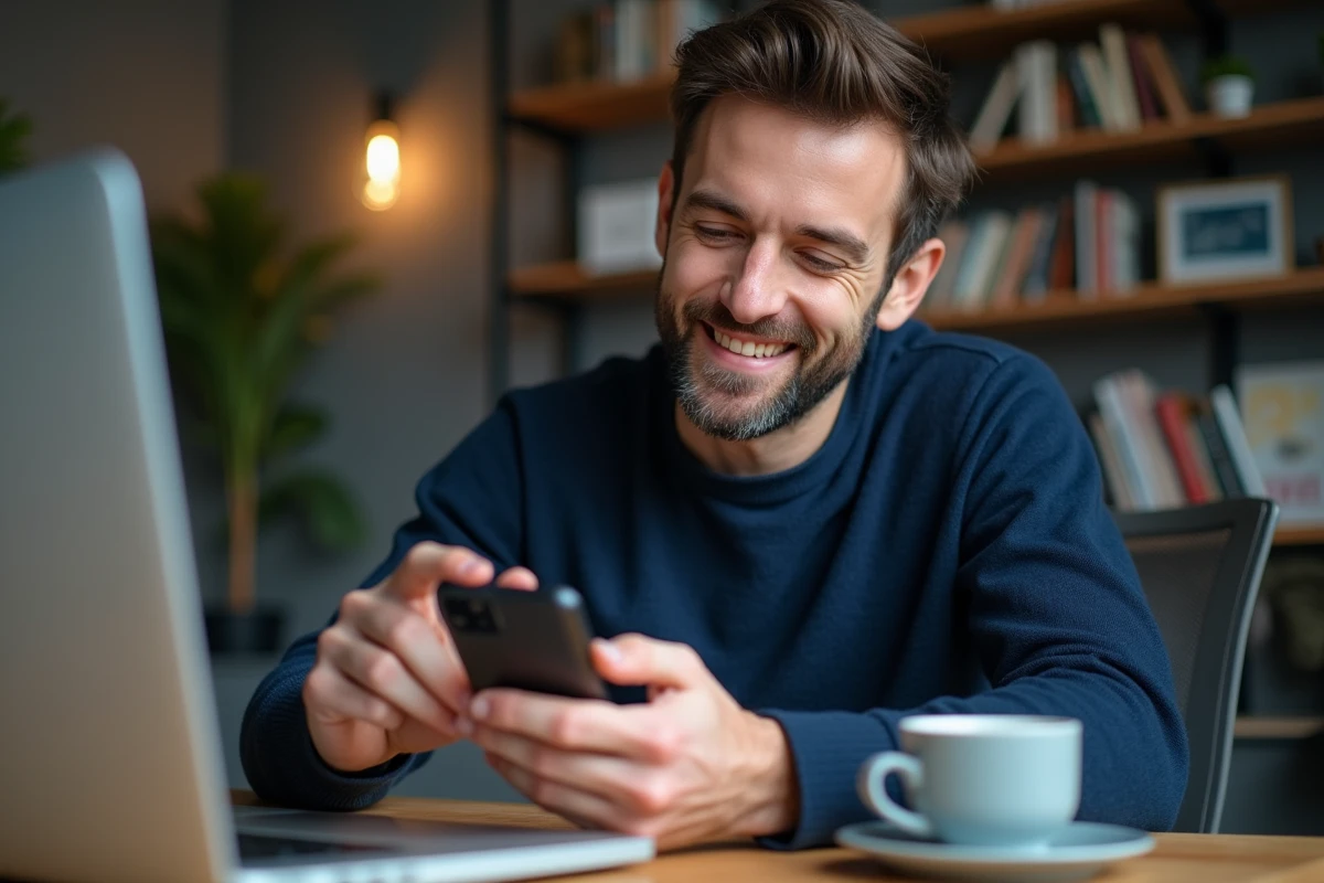 Homme en télétravail créant un sondage WhatsApp pour son équipe depuis son bureau à domicile