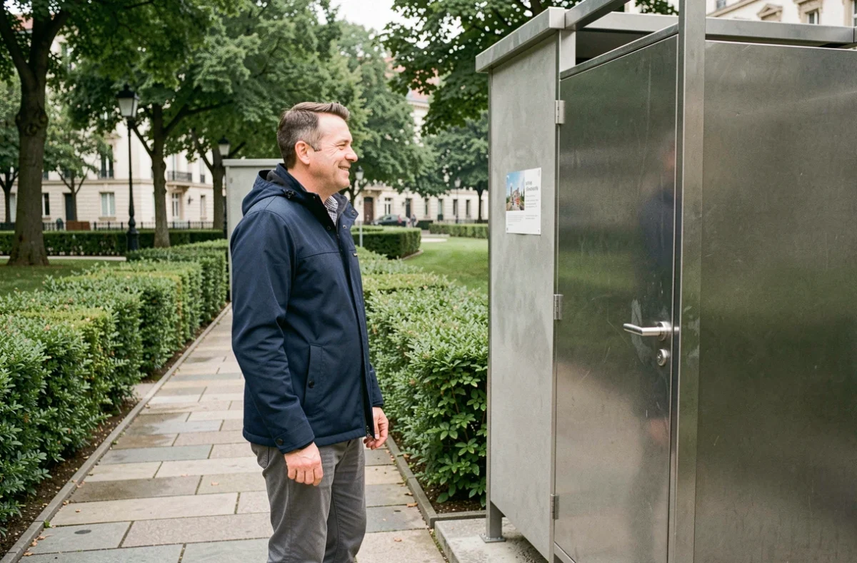 Homme devant des toilettes publiques propres dans un parc urbain européen
