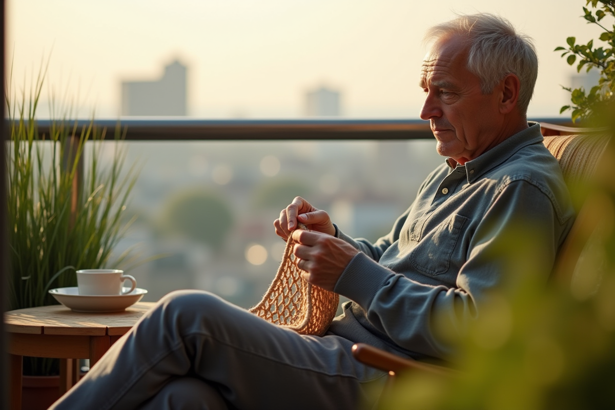 Homme relaxant sur un balcon en train de tricoter
