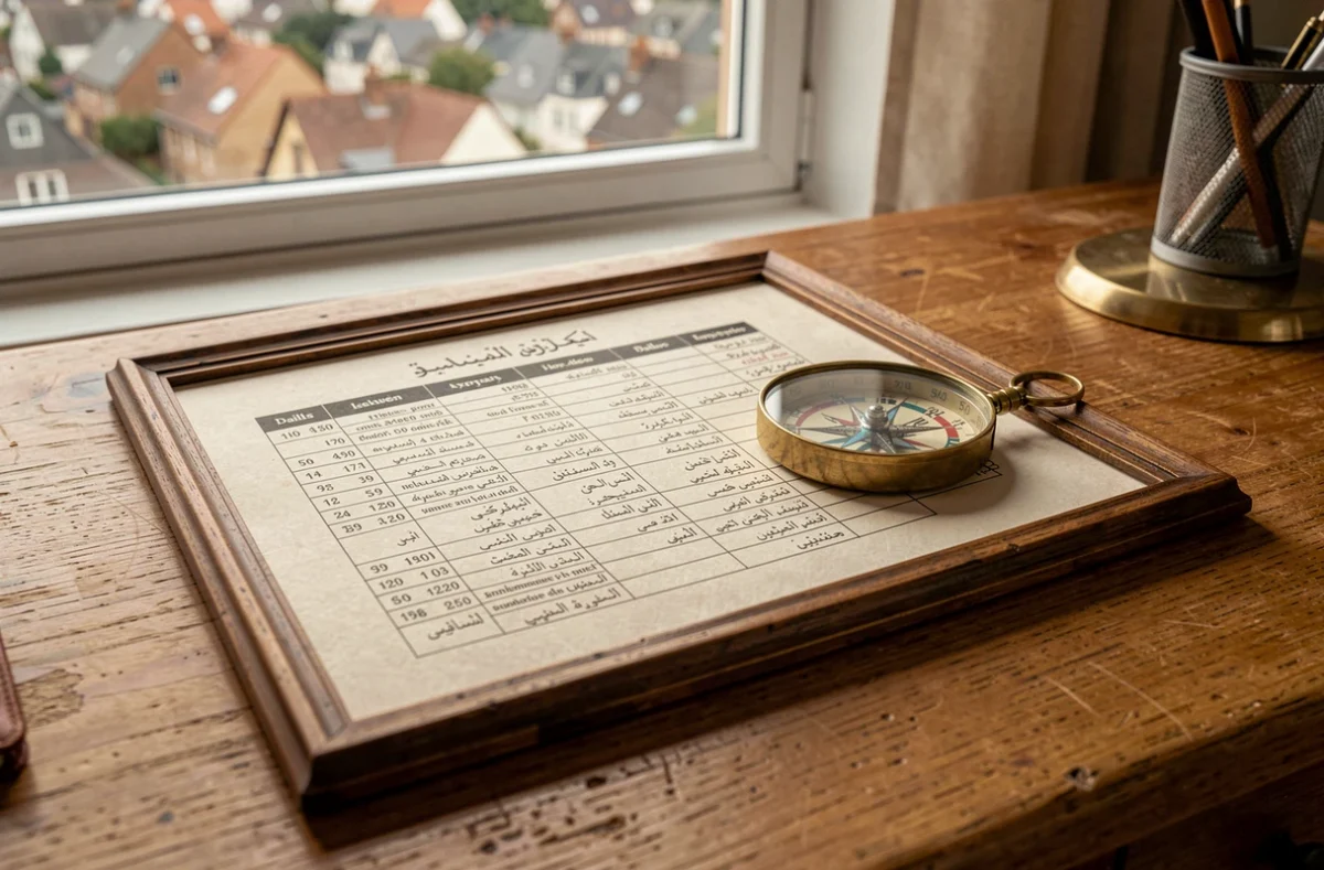 Tableau des horaires de prière quotidiens affiché sur un bureau avec une boussole orientée vers La Mecque