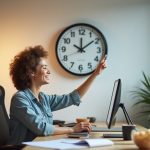Employe de bureau regardant une grande horloge murale dans un espace lumineux