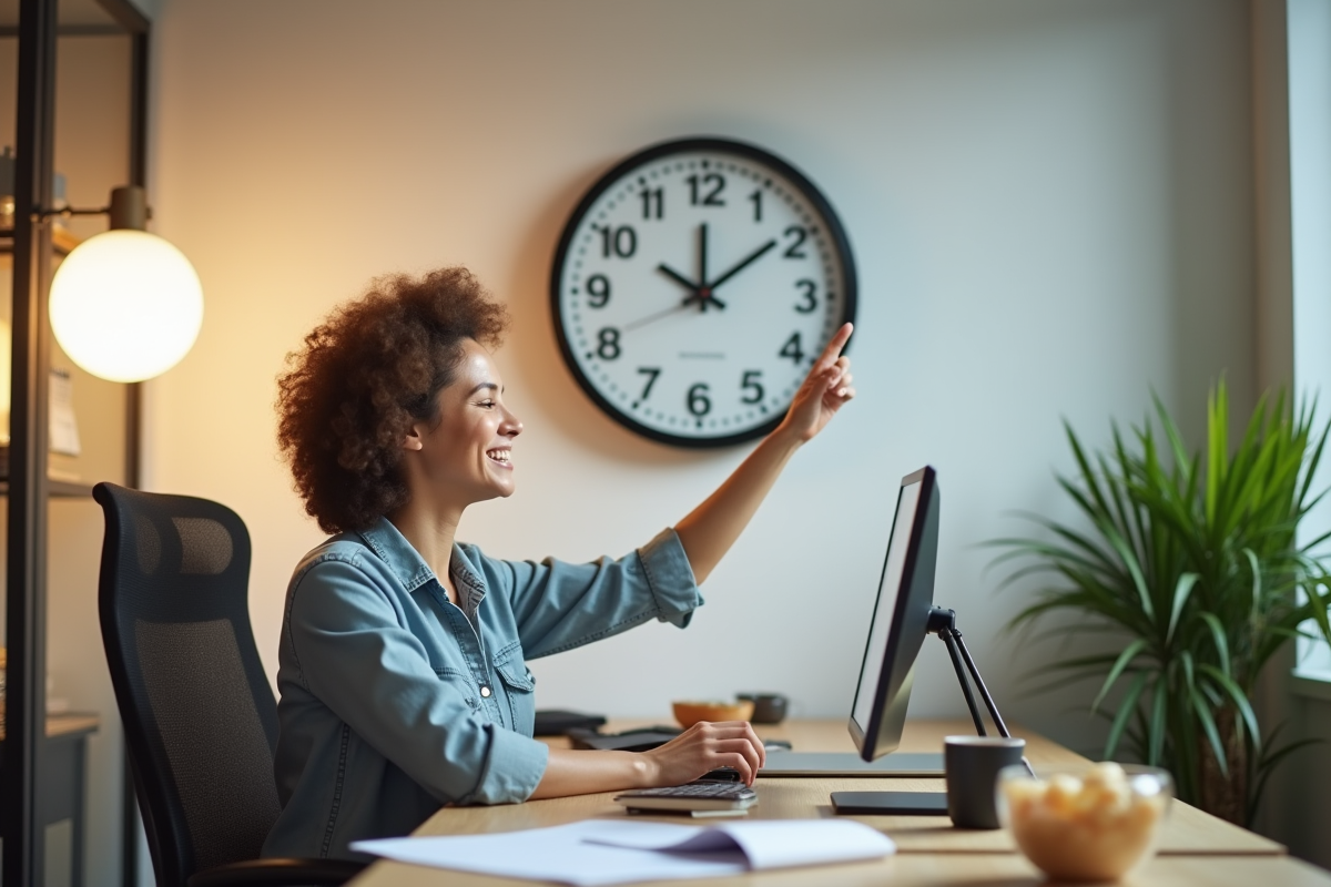 Employe de bureau regardant une grande horloge murale dans un espace lumineux