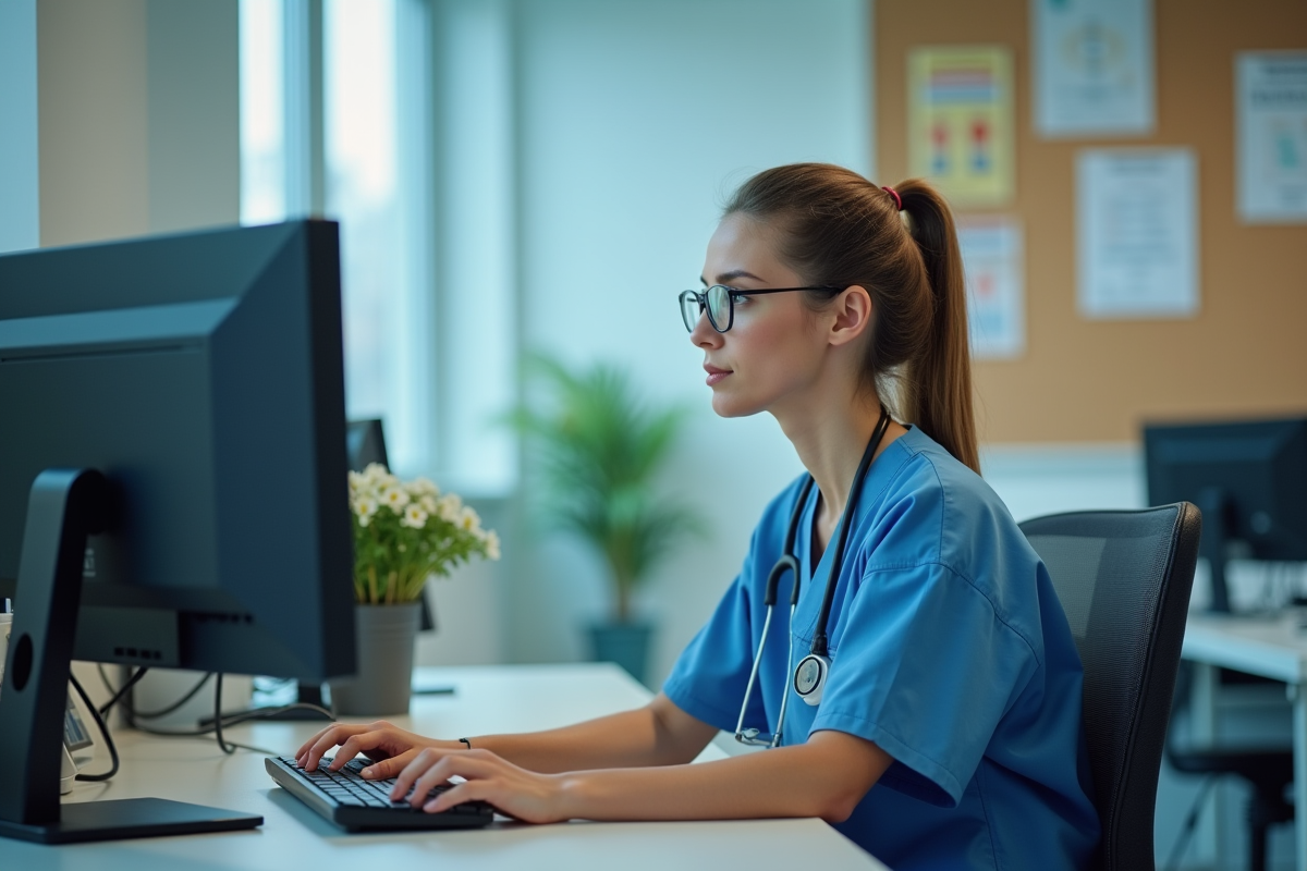 Infirmière en blouse scrubs travaillant sur ordinateur