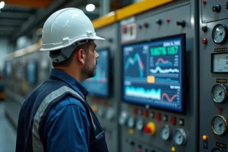 Ingénieur de procédés surveillant des données en temps réel sur un tableau de contrôle industriel BELMASS