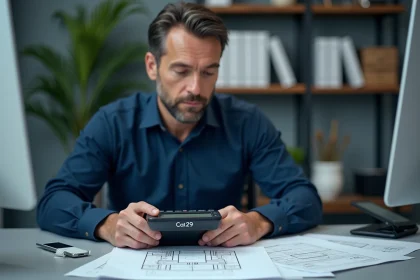 Ingénieur en bureau utilisant un calculateur Cat29