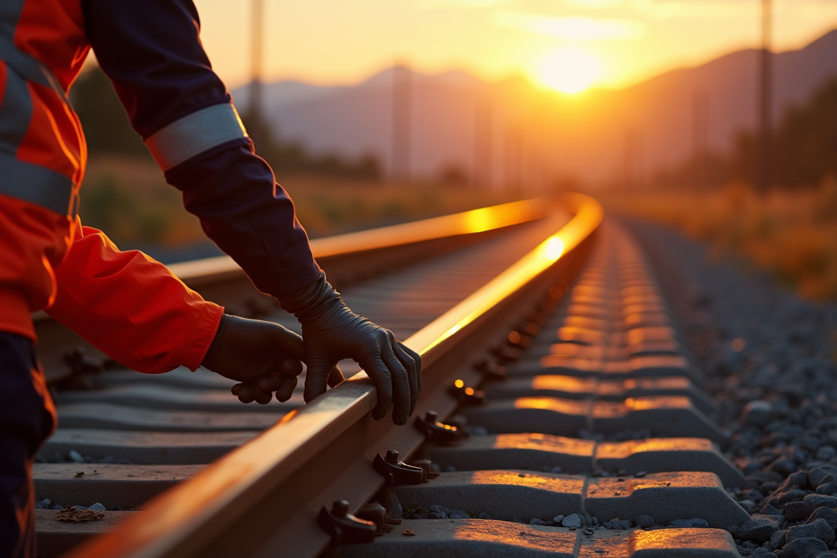 Ingenieur en équipement réfléchissant inspectant rails au lever du soleil