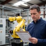 Ingénieur industriel vérifiant une liste de contrôle avant le lancement d'un projet d'automatisation en usine