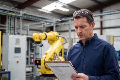 Ingénieur industriel vérifiant une liste de contrôle avant le lancement d'un projet d'automatisation en usine