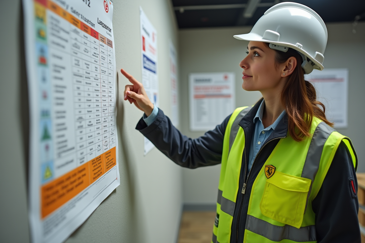 Jeune femme ingénieure pointant un tableau de sécurité incendie