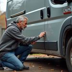 Homme inspectant une voiture rouillée dans la cour