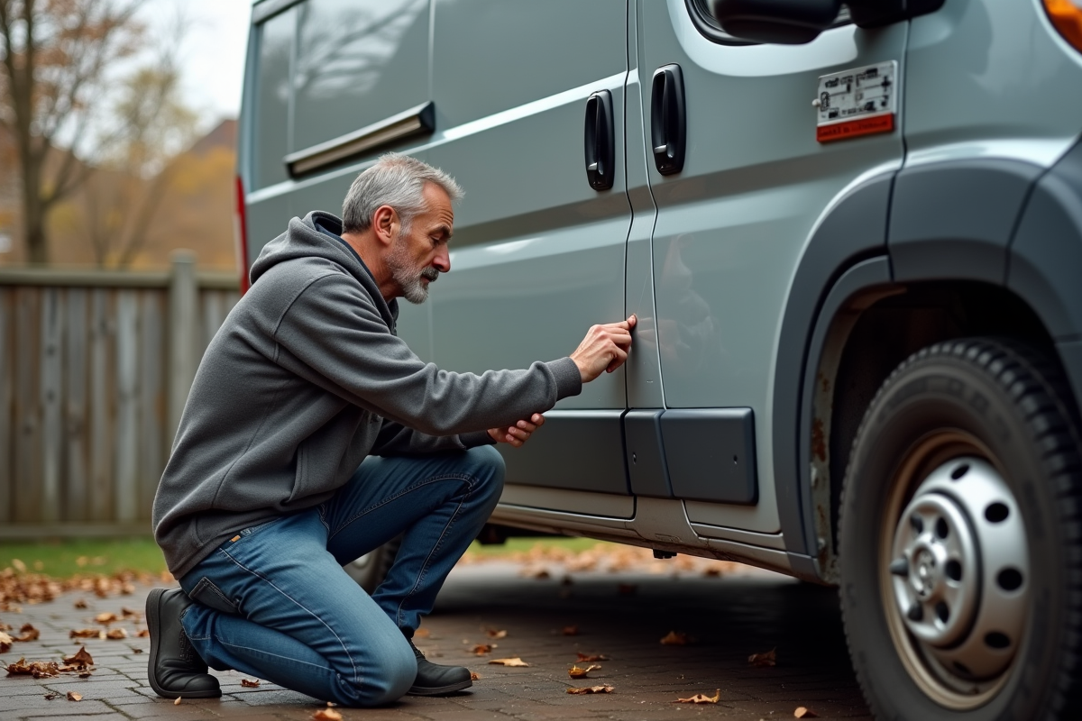 Homme inspectant une voiture rouillée dans la cour