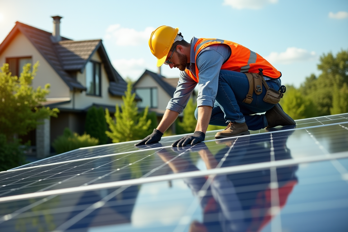 Technicien installant panneaux solaires sur un toit en plein jour