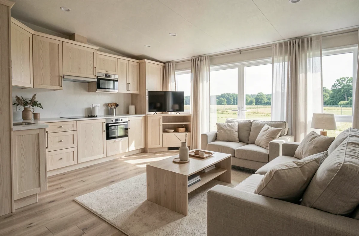 Intérieur luxueux d'un mobil-home haut de gamme avec cuisine ouverte et salon au style scandinave