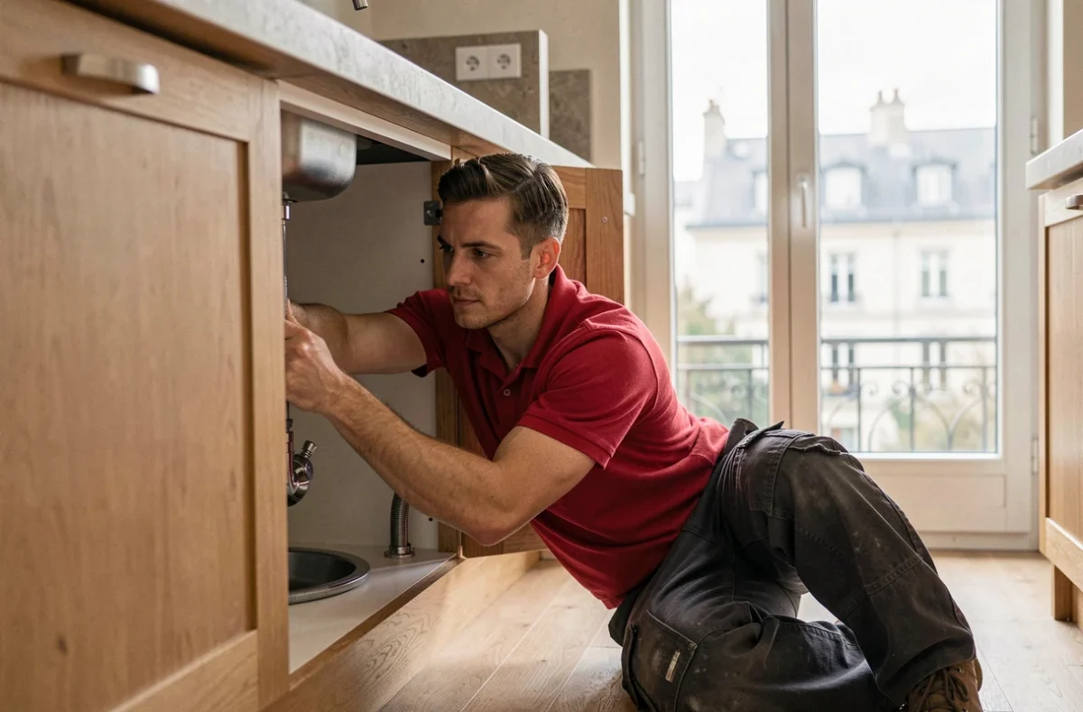 Plombier Jegado SARL remplaçant un flexible sous évier dans un appartement moderne
