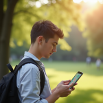 Jeune adulte utilisant une application de suivi d'animaux dans un parc