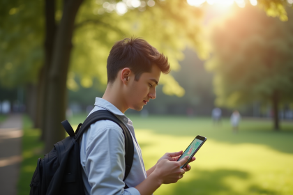 Jeune adulte utilisant une application de suivi d'animaux dans un parc
