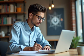 Étudiant en cybersécurité travaillant à son bureau