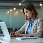 Jeune femme professionnelle au bureau compare des prix sur son ordinateur