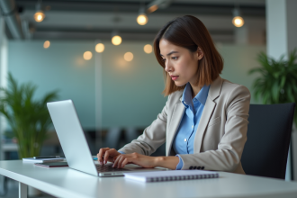 Jeune femme professionnelle au bureau compare des prix sur son ordinateur