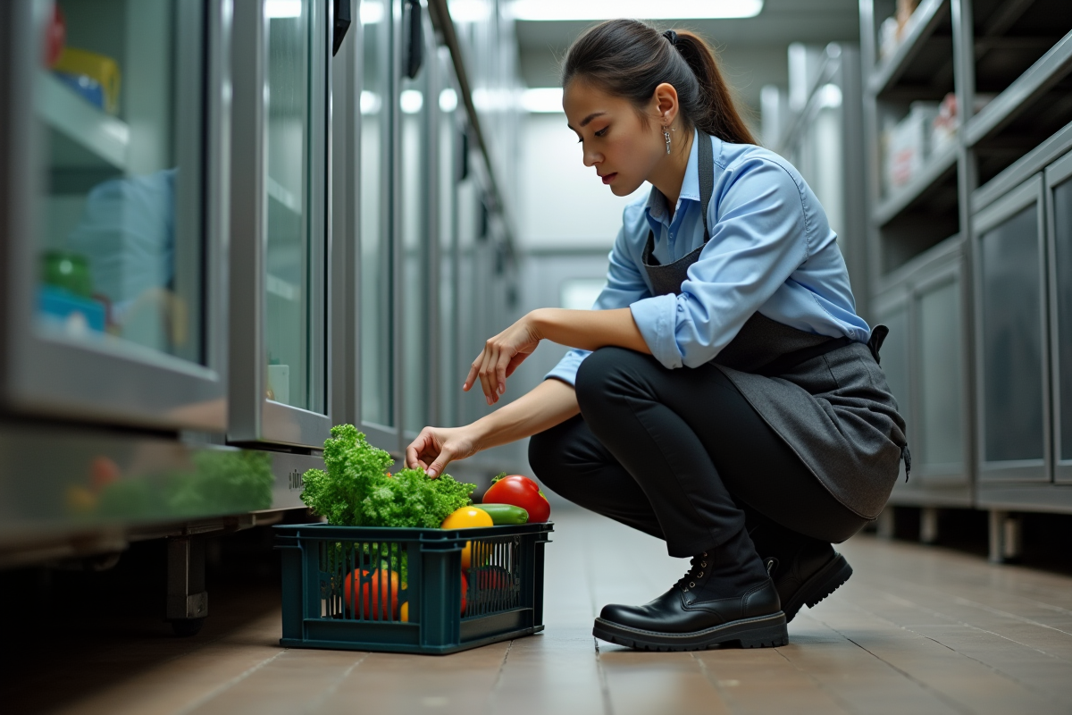 Jeune femme en cuisine manipulant des légumes frais