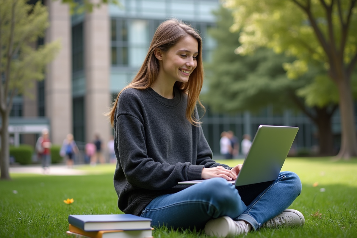 Jeune femme étudiant assise dans un campus en plein air