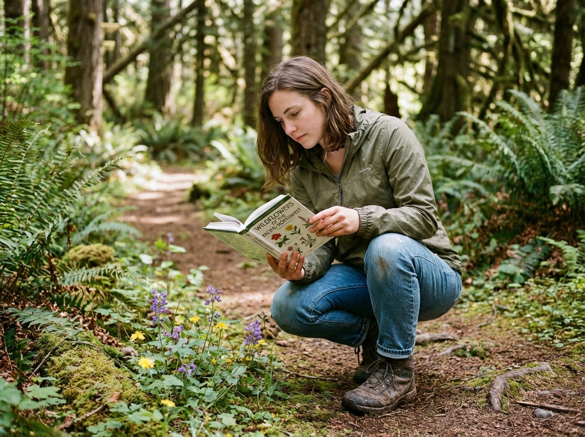Jeune femme en forêt examinant un guide de fleurs sauvages