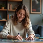 Jeune femme joue à des jeux de stratégie scifi à la maison