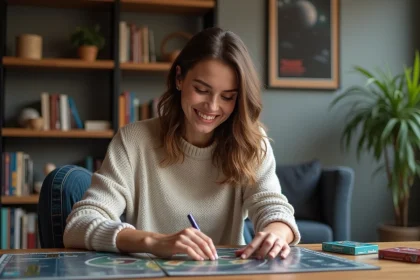 Jeune femme joue à des jeux de stratégie scifi à la maison