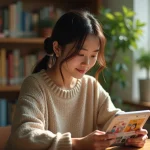Jeune femme lisant des webtoons sur une tablette dans un bureau cosy, découvrant la plateforme Manytoon pour débutants