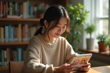 Jeune femme lisant des webtoons sur une tablette dans un bureau cosy, découvrant la plateforme Manytoon pour débutants