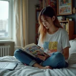 Jeune femme lisant manga dans sa chambre cosy