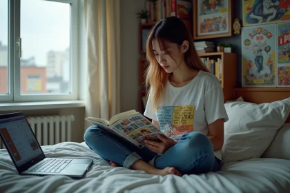Jeune femme lisant manga dans sa chambre cosy