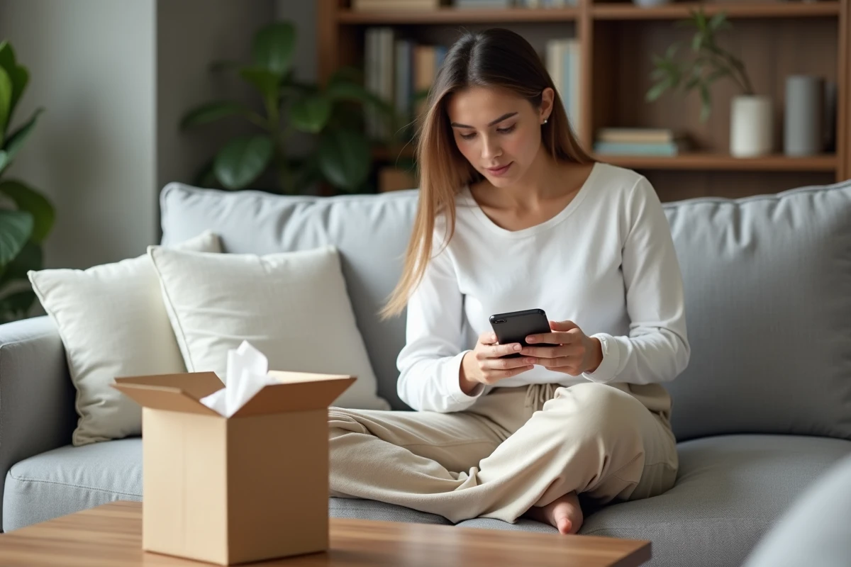 Jeune femme assise sur un canapé écrivant un message au service client Vinted Go avec un colis ouvert sur la table