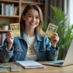 Jeune femme souriante avec carte Pokémon et code en main