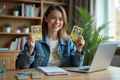 Jeune femme souriante avec carte Pokémon et code en main