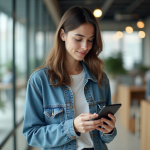 Jeune femme en coworking utilisant un smartphone pliable