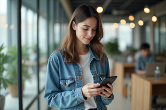 Jeune femme en coworking utilisant un smartphone pliable