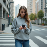 Jeune femme dans la ville regardant son téléphone