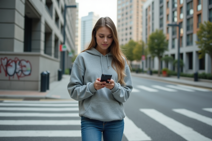Jeune femme dans la ville regardant son téléphone