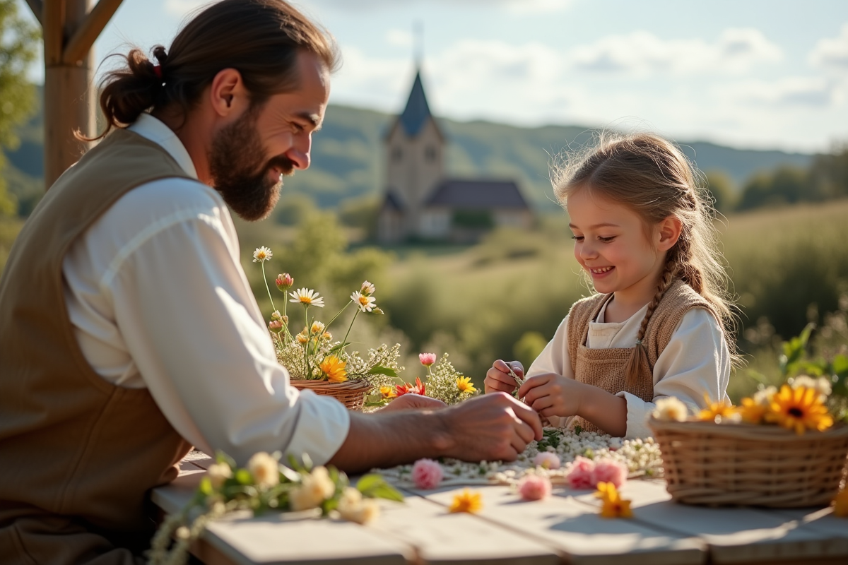 Jeune fille en costume breton préparant des guirlandes de fleurs avec son père