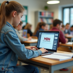 Jeune fille en jeans et pull dans une classe moderne avec ordinateur