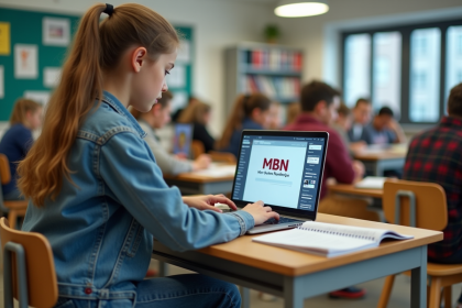Jeune fille en jeans et pull dans une classe moderne avec ordinateur