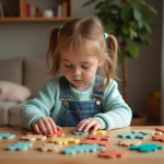 Jeune fille assemble un puzzle coloré dans un salon chaleureux