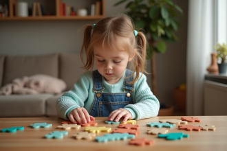 Jeune fille assemble un puzzle coloré dans un salon chaleureux