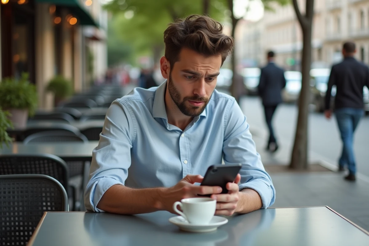 Jeune homme assis au café regardant son téléphone avec perplexite