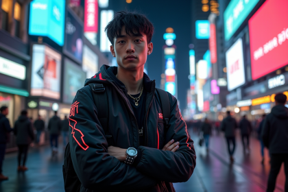 Jeune homme cyberpunk avec implants face dans une ville futuriste